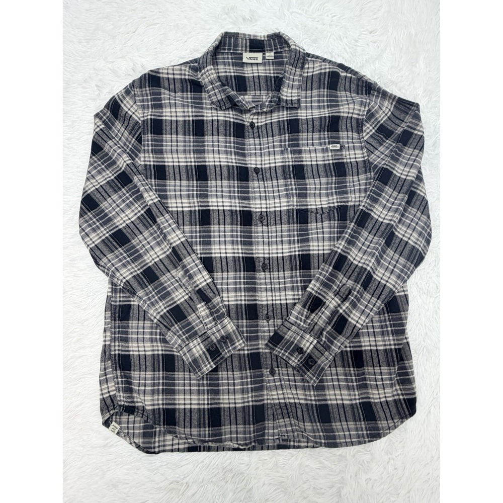 Vans Flannel Shirt Mens XL Black Gray Plaid Long Sleeve Button Down Off The Wall